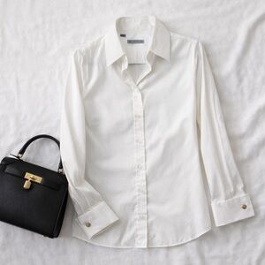 White Button Down Shirt French Cuff Gold Button Tailored Workwear Top Size L